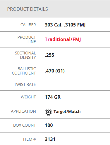 HORNADY 303 CAL 174 GR TRADITIONAL FMJ (100)