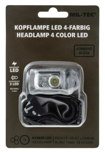 MIL-TEC BLACK LED 4-COLOUR HEADLIGHT