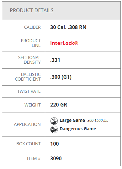 HORNADY 30/ 308 CAL 220 GR INTERLOCK RN