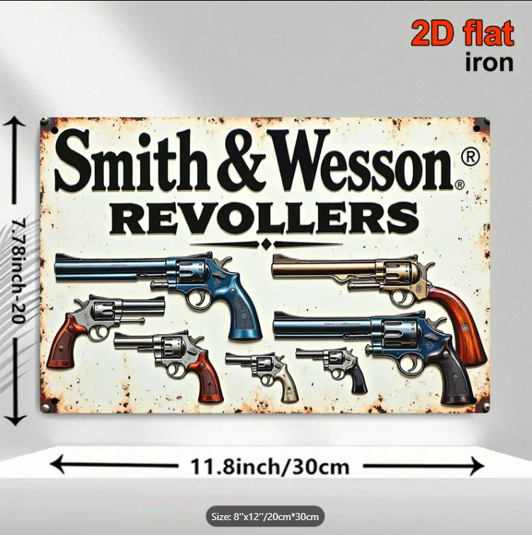 SMITH AND WESSON REVOLVER VINTAGE TIN SIGN 8"x 12"
