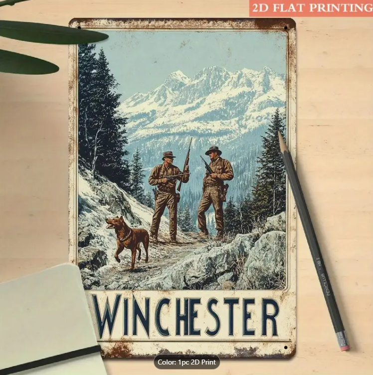 WINCHESTER MOUNTAIN HUNTING SCENE, VINTAGE SIGN 8"