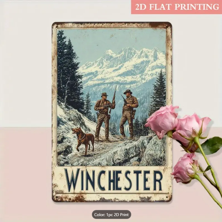 WINCHESTER MOUNTAIN HUNTING SCENE, VINTAGE SIGN 8"