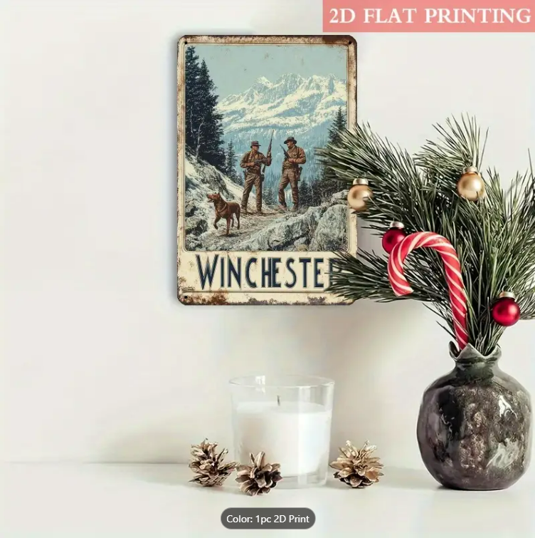 WINCHESTER MOUNTAIN HUNTING SCENE, VINTAGE SIGN 8"