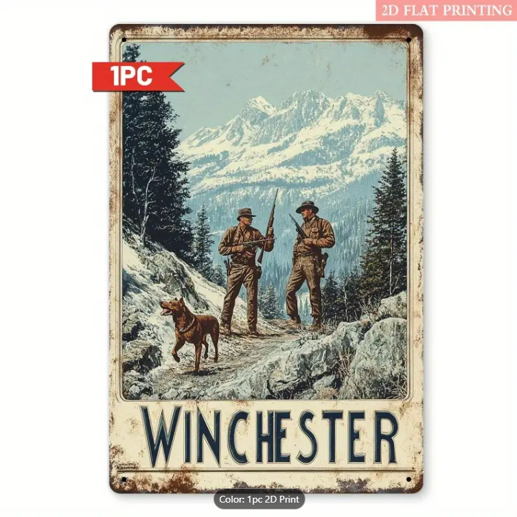 WINCHESTER MOUNTAIN HUNTING SCENE, VINTAGE SIGN 8"